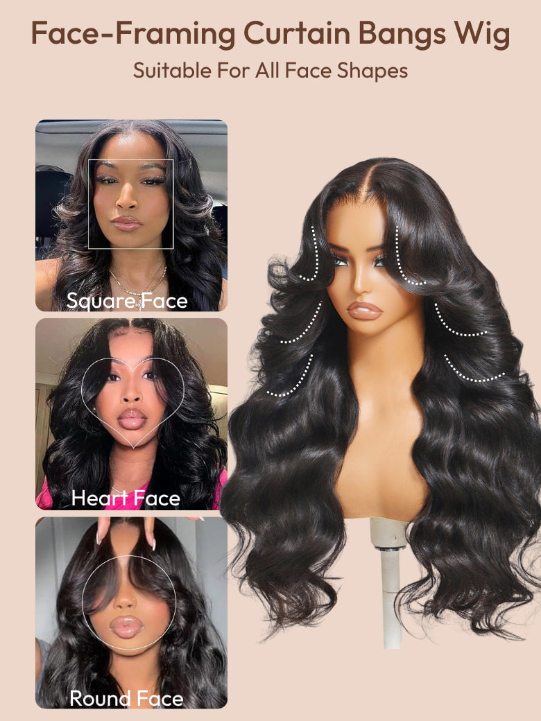 Sunber 13x4 Pre-Everything Pull And Go Drawstring Loose Wave with Face Framing Curtain Bangs Wig Flash Sale