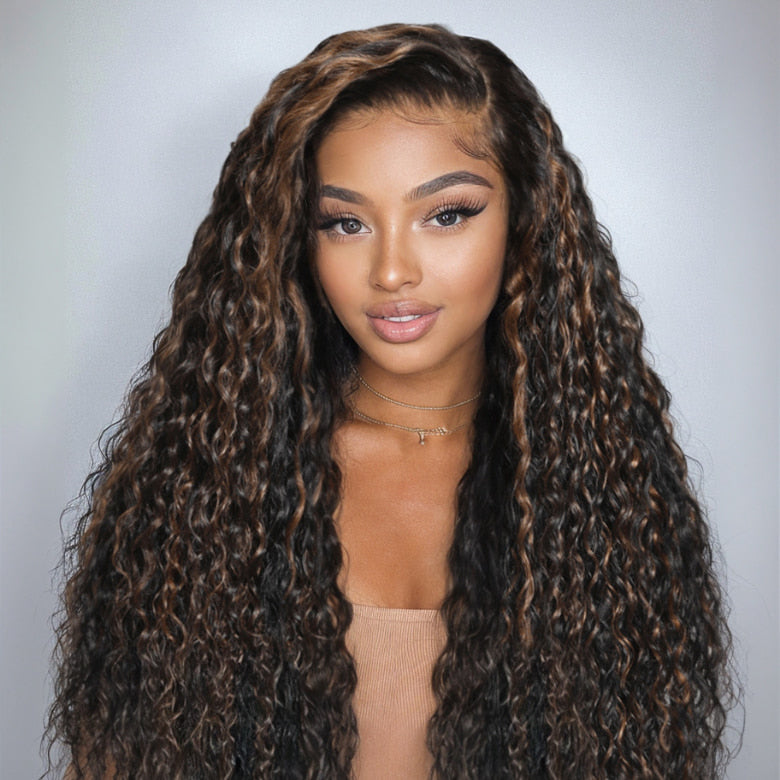 Extra 70% OFF | Sunber Golden Brown Highlights 7x5 Bye Bye Knots Water Wave Lace Closure Wig With Pre Bleached Knots