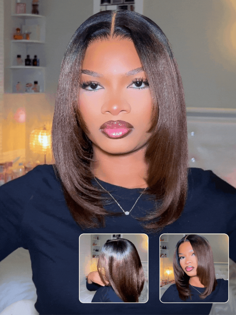 $100 Off| SunberPut On and Go Ombre Chestnut Brown 7x5 Bye-Bye Knots Yaki Straight Short Bob Wig with Invisi Drawstring