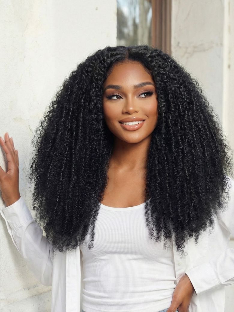 Sunber 180% Density 4C Afro-coily Tight Voluminous Kinky Curly 7x5 Pre Cut Lace Wig With Finger Coils