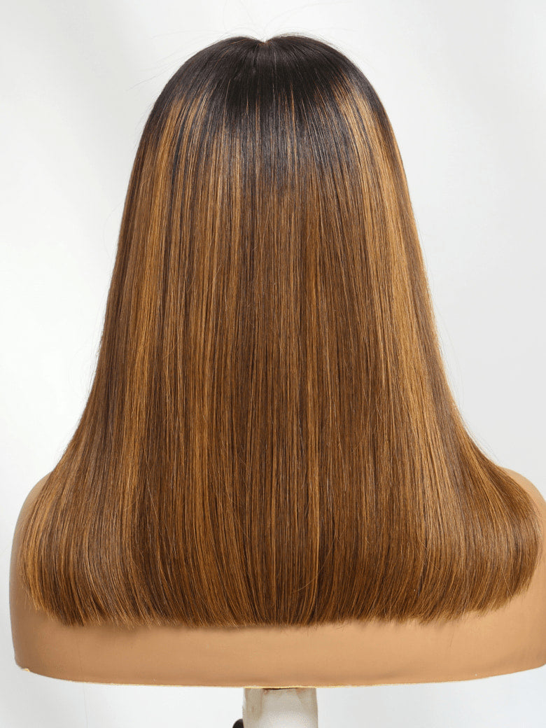 Sunber Caramel Highlights On Blonde 7x5/13x4 Pre Cut Lace Straight Bob Hair Wig With Dark Roots Flash Sale