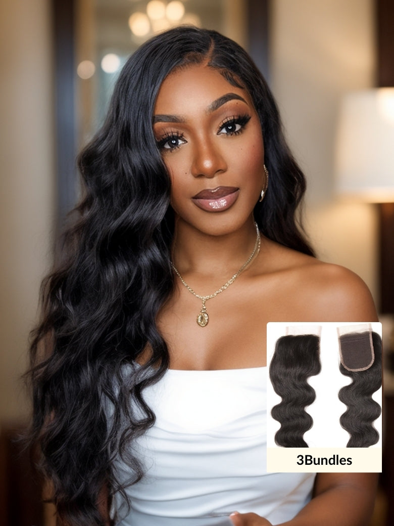 Sunber 1pcs 4*4 Lace Closure Body Wave Hairstyle, Three/Middle/Free Part Swiss Lace Closure