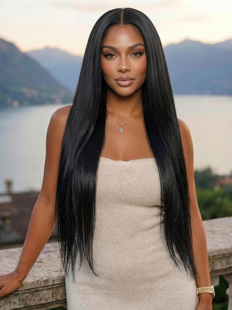 Sunber Yaki Straight 7x5 Glueless Lace Wig With Elastic Drawstring -Pull And Go & Bleach Knots & Pre-cut