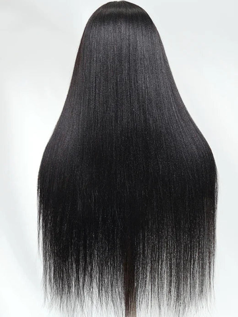 Sunber Yaki Straight Human Hair Glueless Wig with Blunt Cut Bangs Natural Black Color Flash Sale