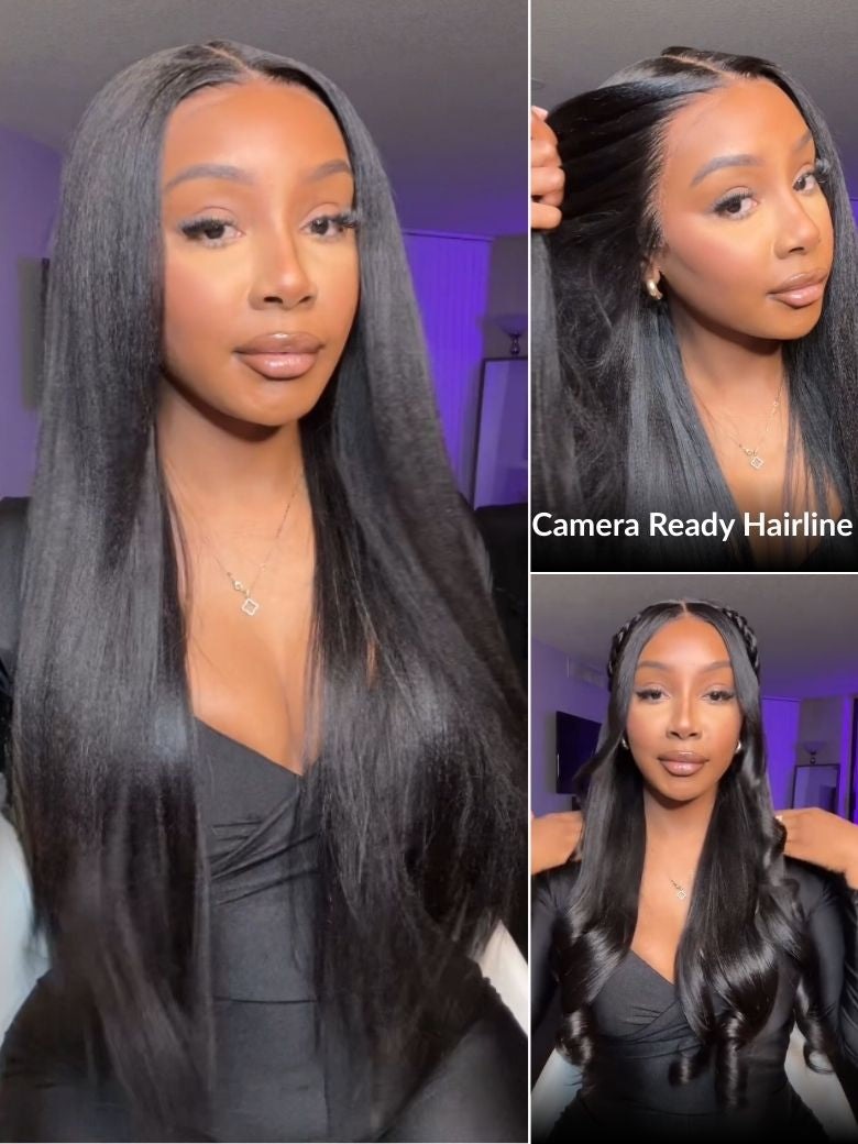 Sunber Yaki Straight 7x5 Glueless Lace Wig With Elastic Drawstring -Pull And Go & Bleach Knots & Pre-cut