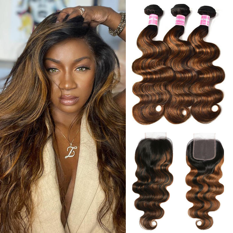 Sunber Highlight Balayage Color Body Wave 3 Bundles Weaves with 4x4 Lace Closure Virgin Human Hair