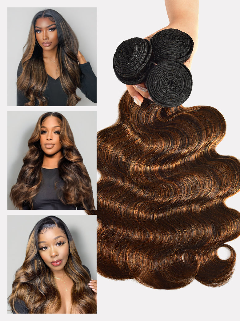 Sunber Highlight Balayage Color Body Wave 3 Bundles Weaves with 4x4 Lace Closure Virgin Human Hair
