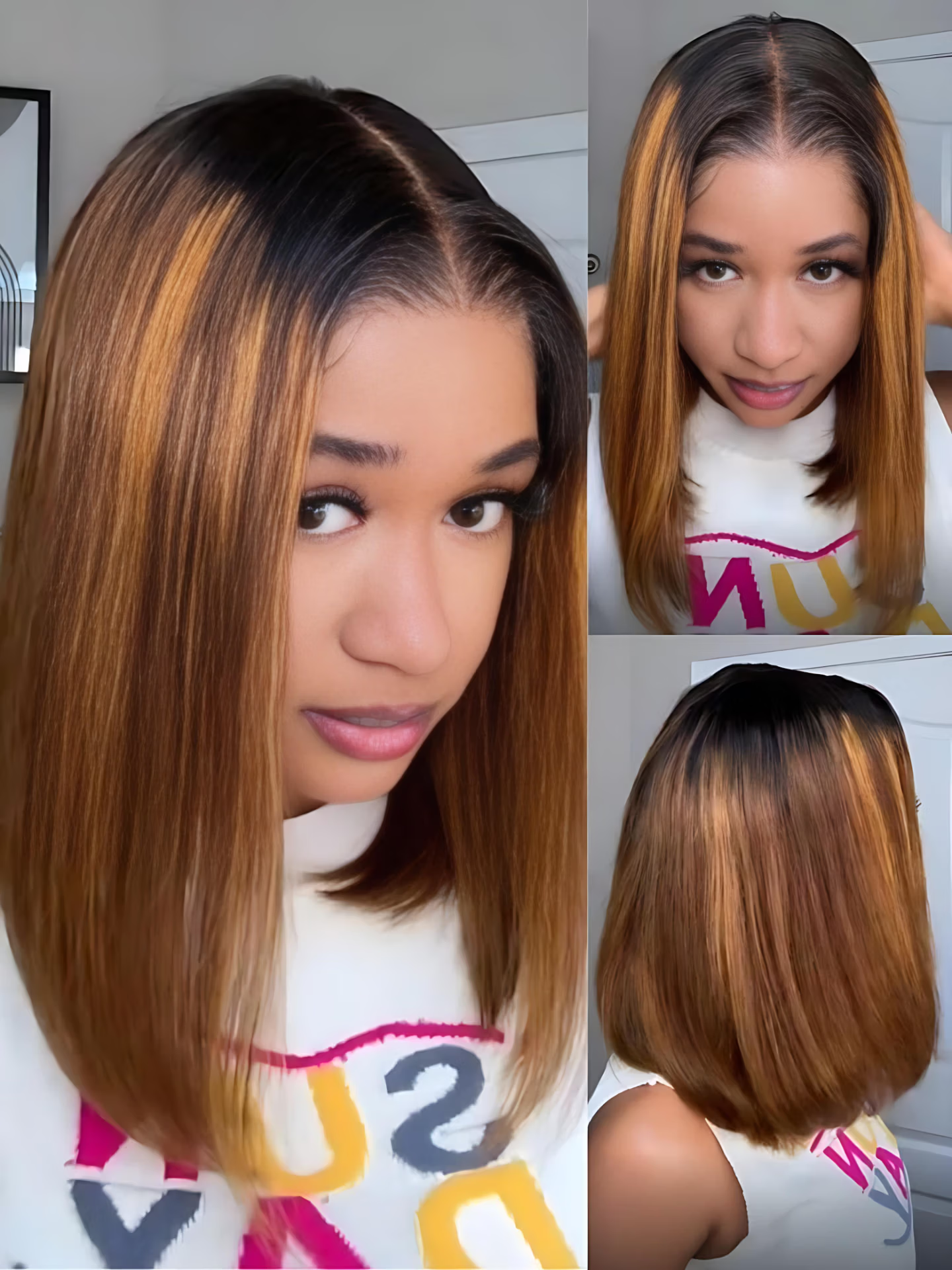 Sunber Caramel Highlights On Blonde 7x5/13x4 Pre Cut Lace Straight Bob Hair Wig With Dark Roots Flash Sale