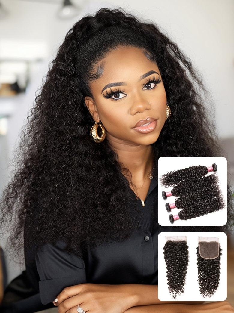 Sunber Hair Malaysian Curly 4 Bundles with 1pcs Lace Closure-100% Human Hair Weave