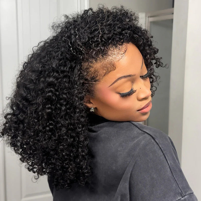 Sunber Flip Over 3/4 Half Wig Seamless Kinky Curly with 4C Edge and Invisi Drawstring-Glueless Put On And Go Beginner Friendly