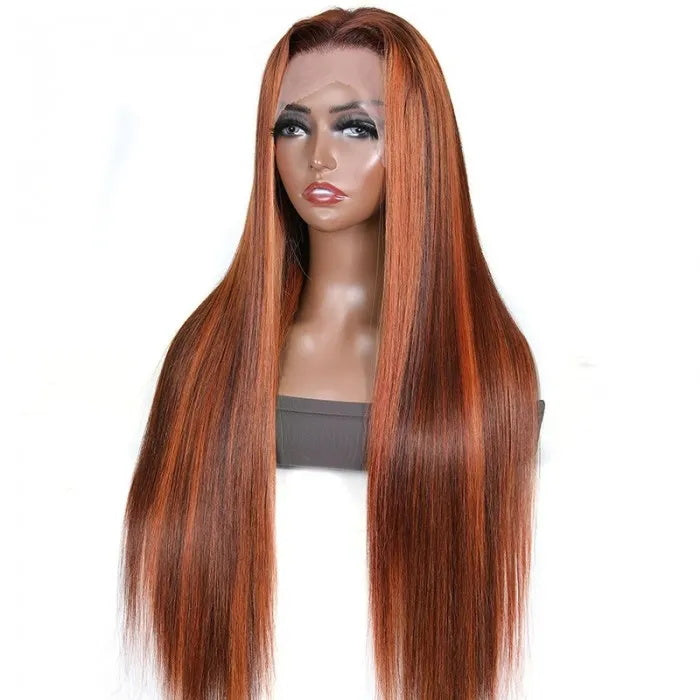 Flash Sale Sunber Kinky Straight Ginger Copper Red Highlight Lace Front Wigs