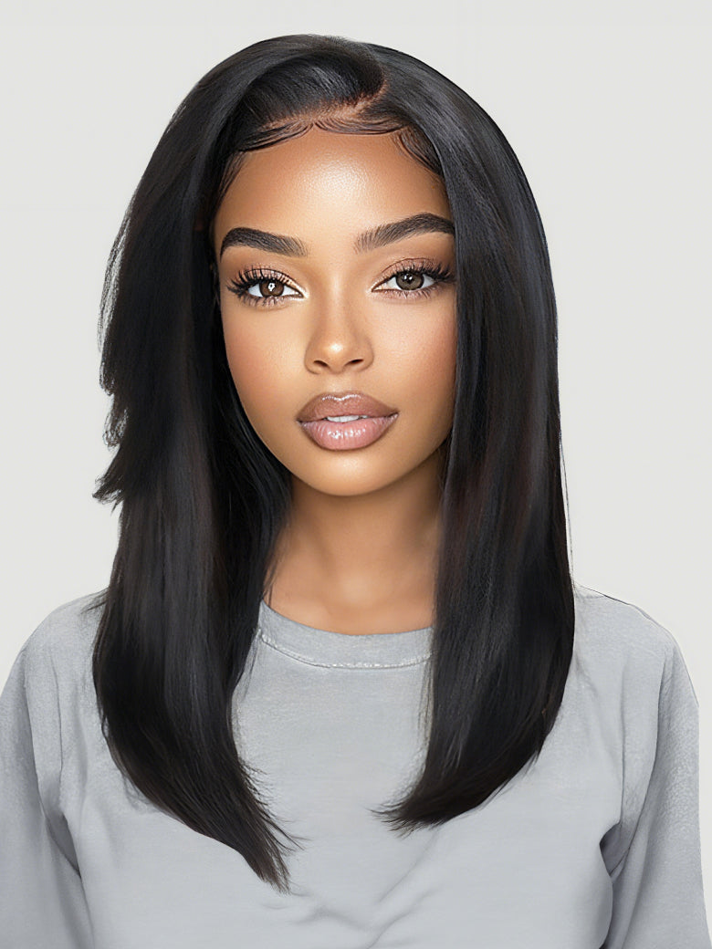 Sunber Bye Bye Knots Fluffy Silk Press Bob Wig With Side Bangs 7x5 Pre-Bleached Put On and Go Natural Looking Glueless Wig with Invisi Drawstring