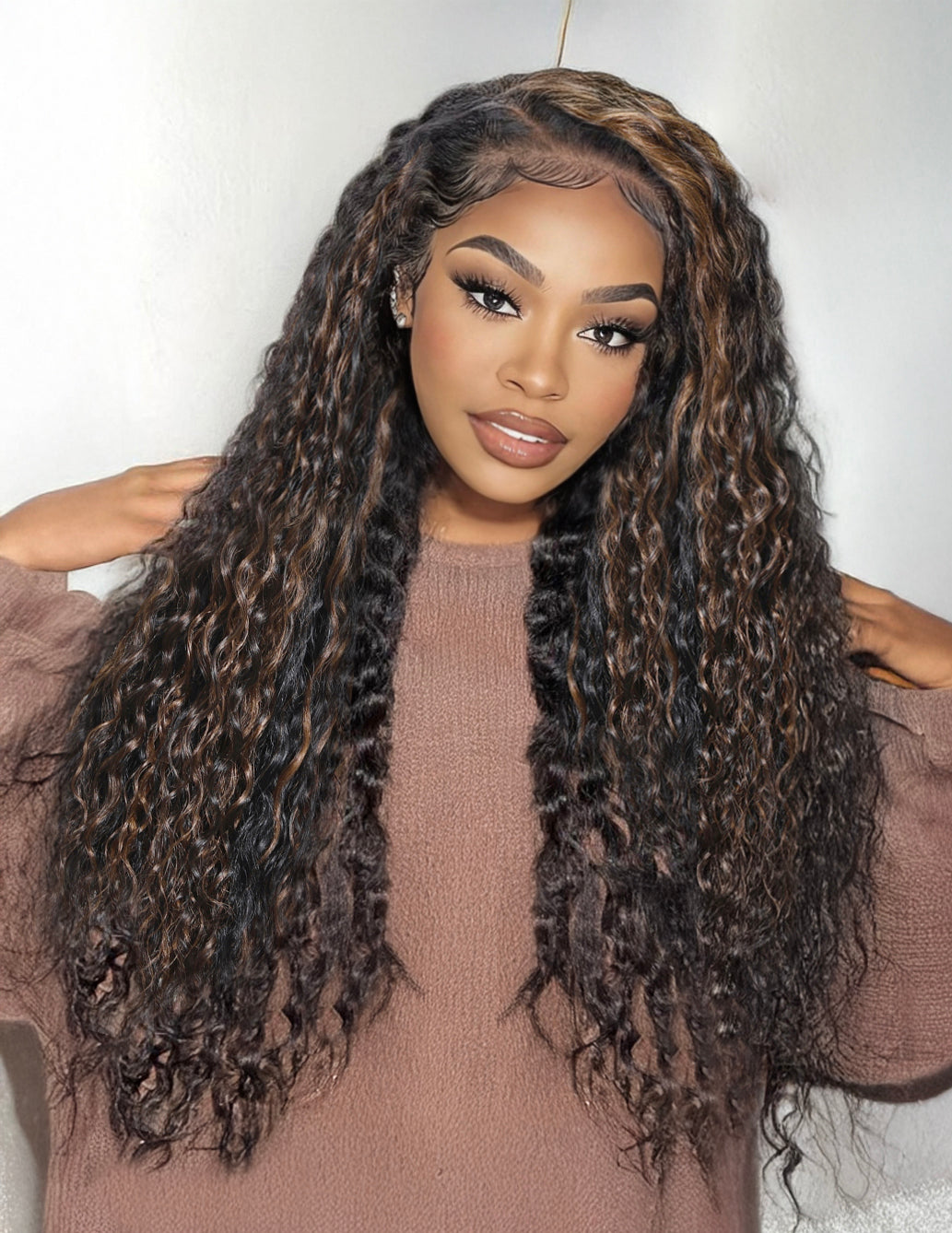 Sunber Golden Brown Highlights 7x5 Bye Bye Knots Water Wave Lace Closure Wig With Pre Bleached Tiny Knots