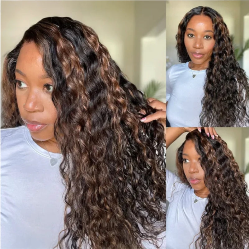 Sunber Golden Brown Highlights 7x5 Bye Bye Knots Water Wave Lace Closure Wig With Pre Bleached Tiny Knots
