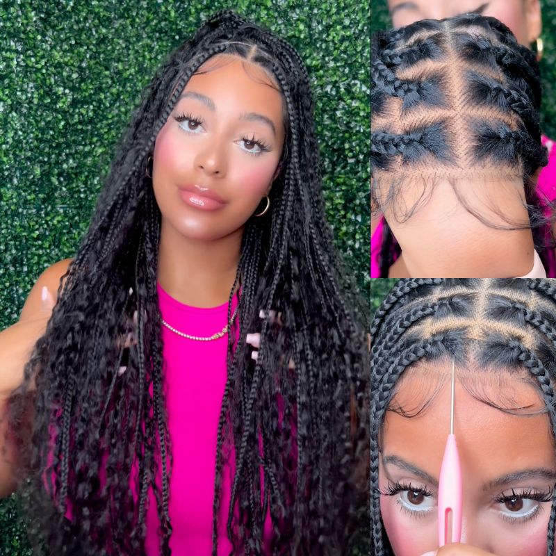 Flash Sale Sunber 34inch Knotless boho box braid Full 360 Lace Wigs For Black Women