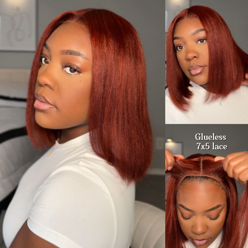 Sunber 7x5 Bye Bye Knots Reddish Brown Yaki Straight Short Bob Wig