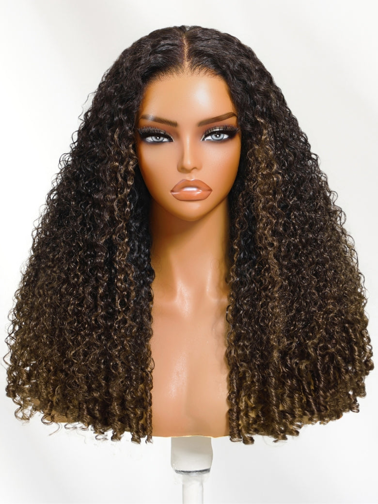 Sunber Full Finger Coils 7x5 Bye Bye Knots/V Part Chestnut Brown Lace Wig With Spiral Curls Water Curly Twist Out At The End
