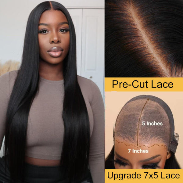 Sunber 7x5 Pre Cut Bye Bye Knots Lace Wigs Straight Human Hair Seamless Put On And Go Glueless Wigs
