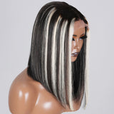 Sunber Black With Blonde Highlight Lob Straight Human Hair Bob With Babylights Middle Part Lace Wigs-side show