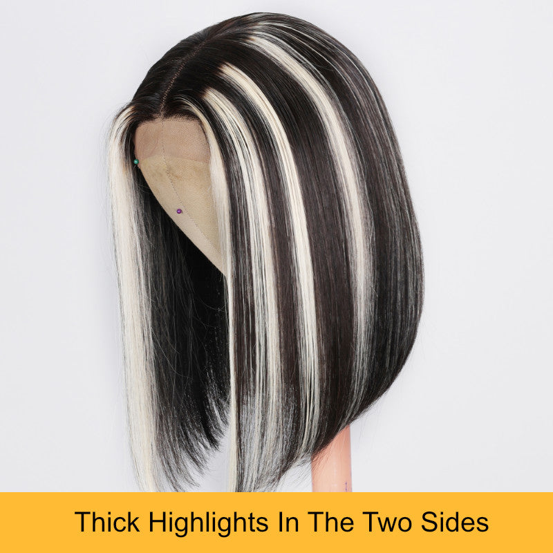Sunber Black With Blonde Highlight Lob Straight Human Hair Bob With Babylights 4x0.75 Middle Part Lace Closure Wigs