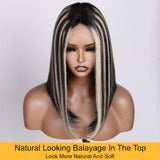 Sunber Black and blonde stripes BOB With Dark Roots Straight Human Hair Middle Part Lace Closure LOB Wigs With Babylights