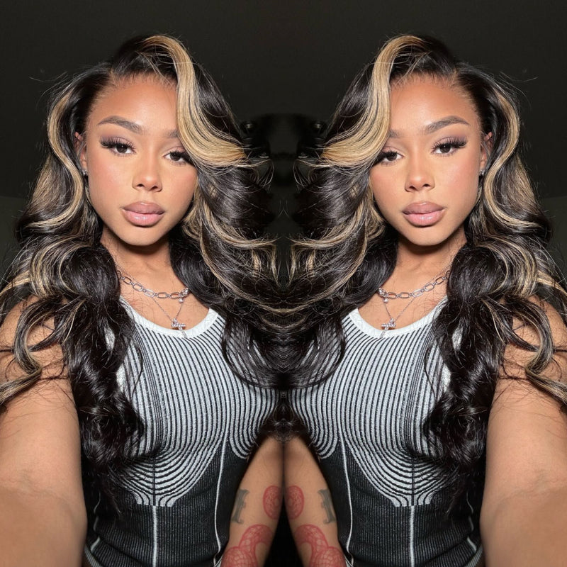 Sunber Chocolate Brown With Peek A Boo Blonde Highlights 7x5 Bye Bye Knots Body Wave Wig