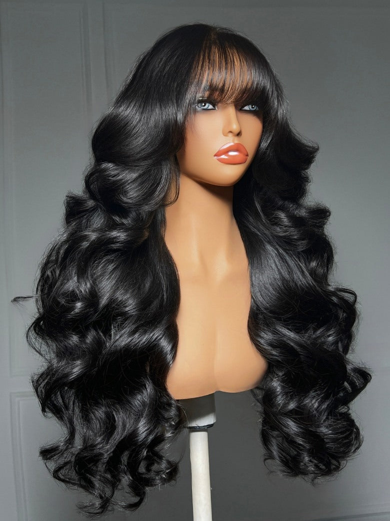 Sunber Pre-Everything 13x4 Lace Frontal Loose Wave Wigs with Bangs-Fluffy Hair 3D Dome Cap & Glueless