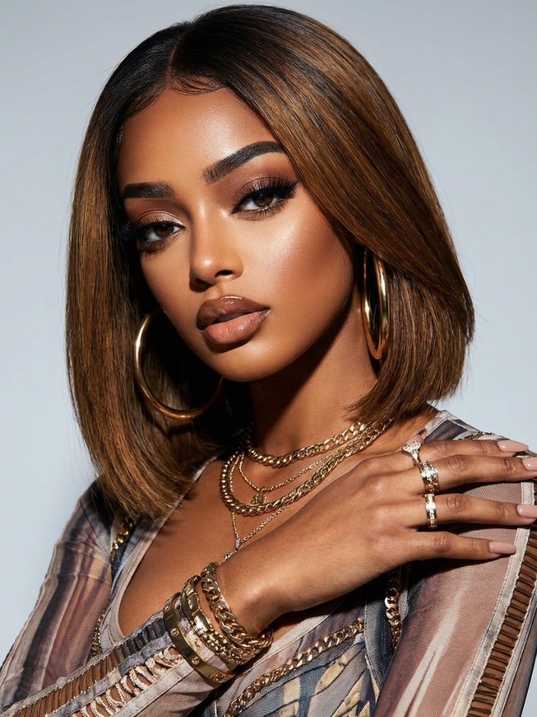 Sunber Put On and Go 7x5 Bye-Bye Knots Ombre Chestnut Brown Yaki Straight Short Bob Wig Flash Sale