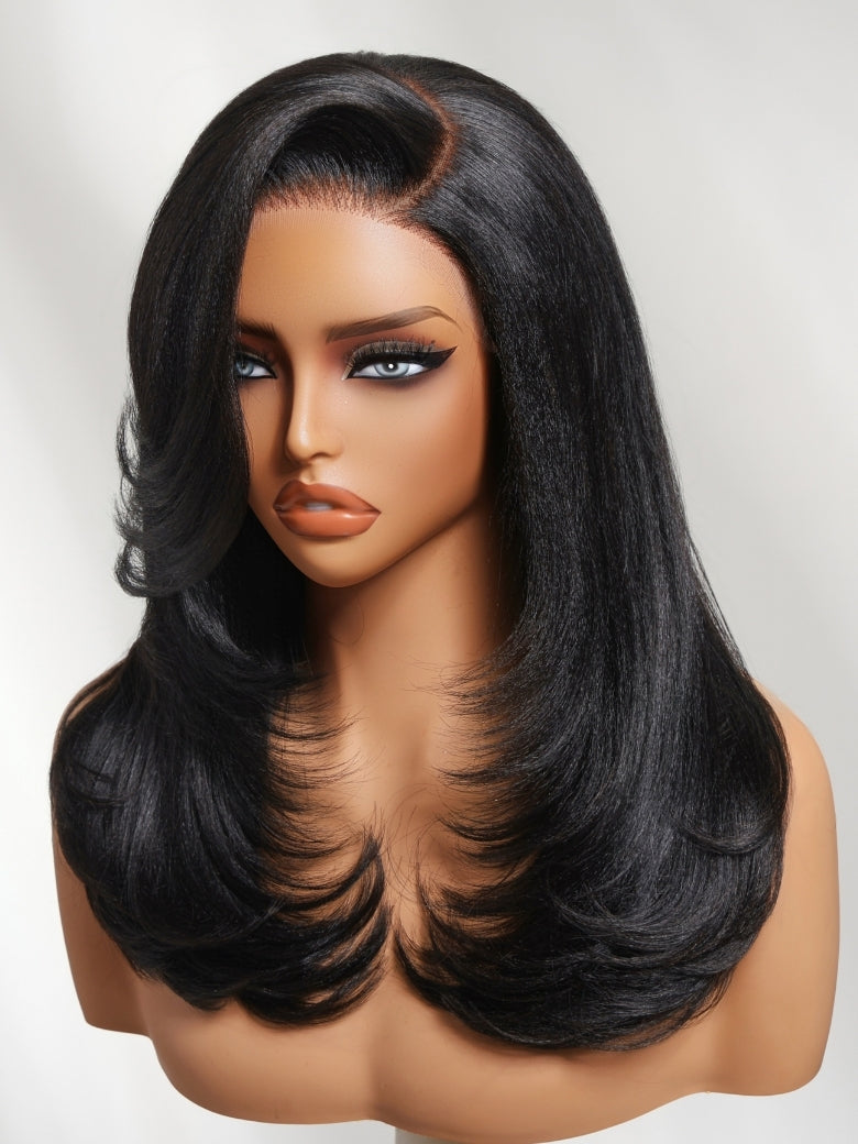 Sunber 7x5 Pre Cut Side-Part Blowout Lob Yaki Straight Lace Part Wig With Face-framing Feathered Layers