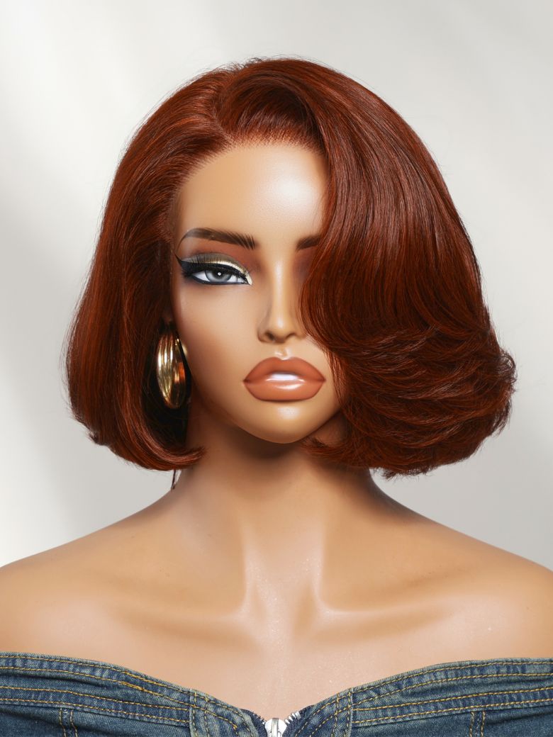 Sunber 7x5 Pre Cut Red Brown Blowout Bob Lace Wig With Side Part Layers
