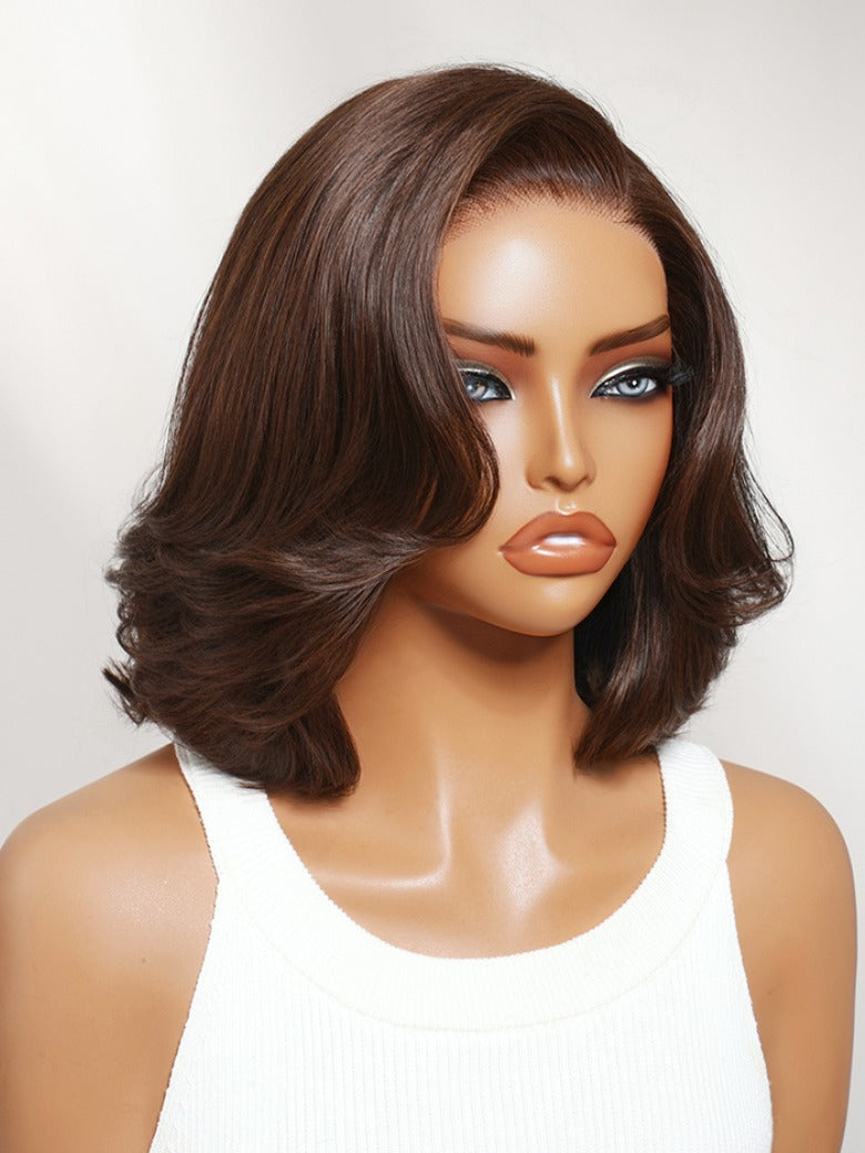 Sunber 7x5 Pre Cut Rich Warm Auburn Brown Effortless Layered Blowout Bob Lace Wig