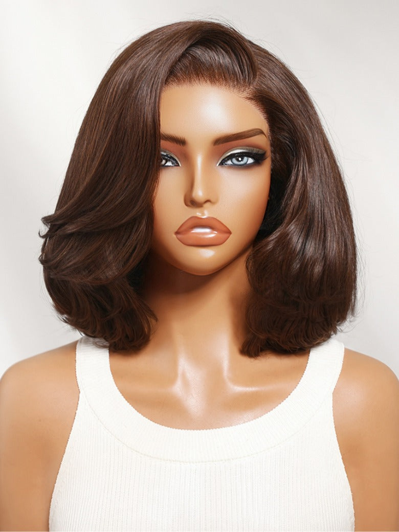 Sunber 7x5 Pre Cut Rich Warm Auburn Brown Effortless Layered Blowout Bob Lace Wig
