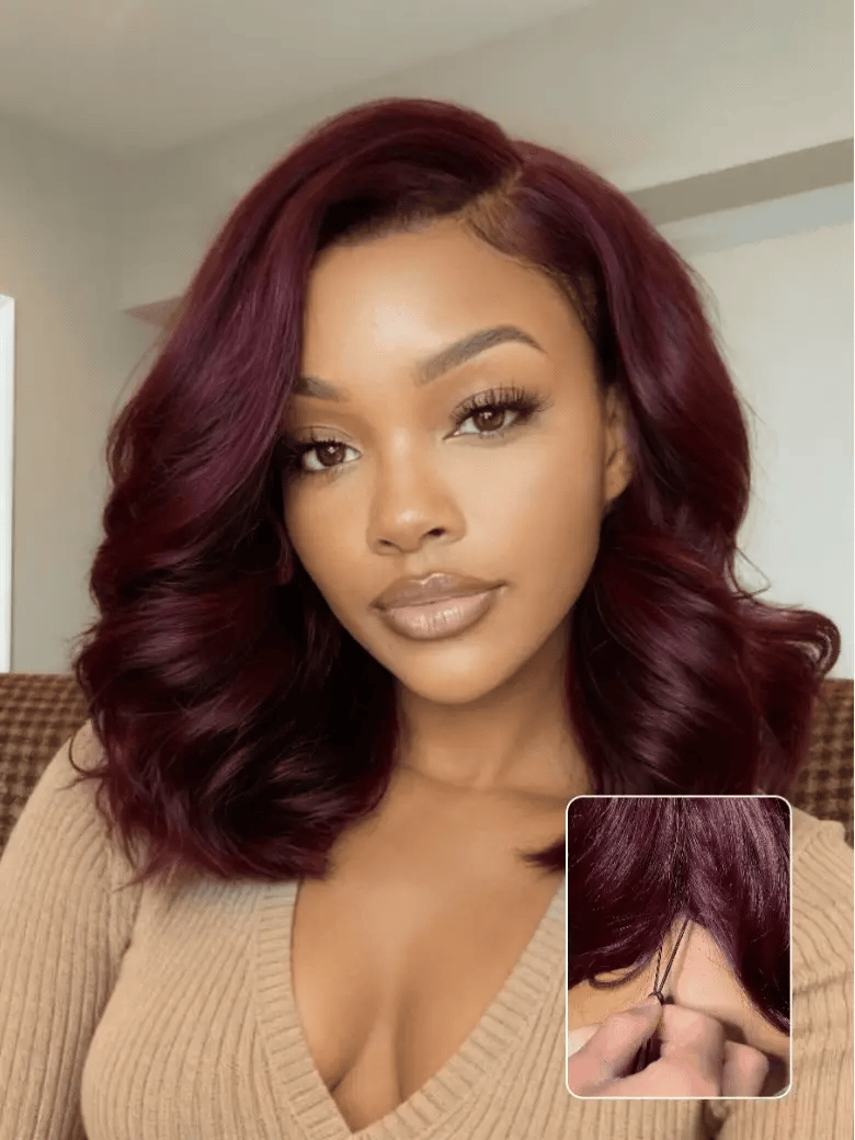 Sunber Purple Black Cherry Wispy Blow Out 7x5 Pre Cut Lace Loose Wave Bob Wig With Invisi Drawstring