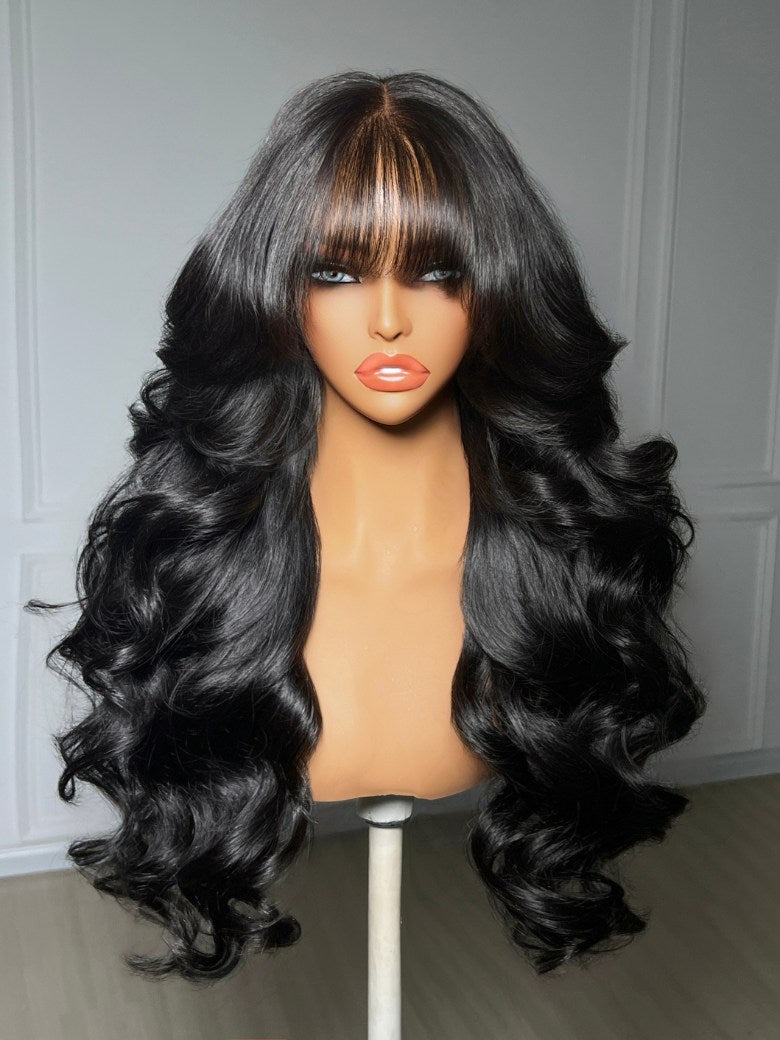Sunber Pre-Everything 7x5/13x4 Lace Frontal Loose Wave Wigs with Bangs-Fluffy Hair 3D Dome Cap & Glueless