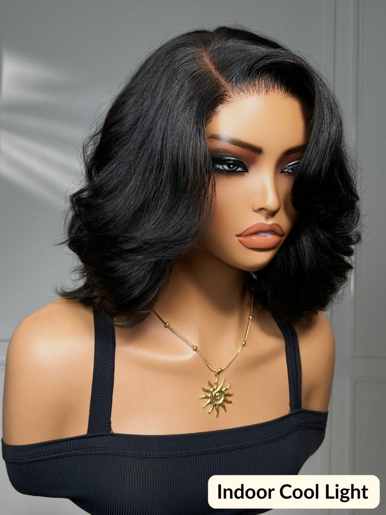 Sunber 220% density 6X4 Glueless Lace "C" Side Part Shoulder-length Body Wave Soft Blowout Wavy Bob Wig With Invisi Drawstring