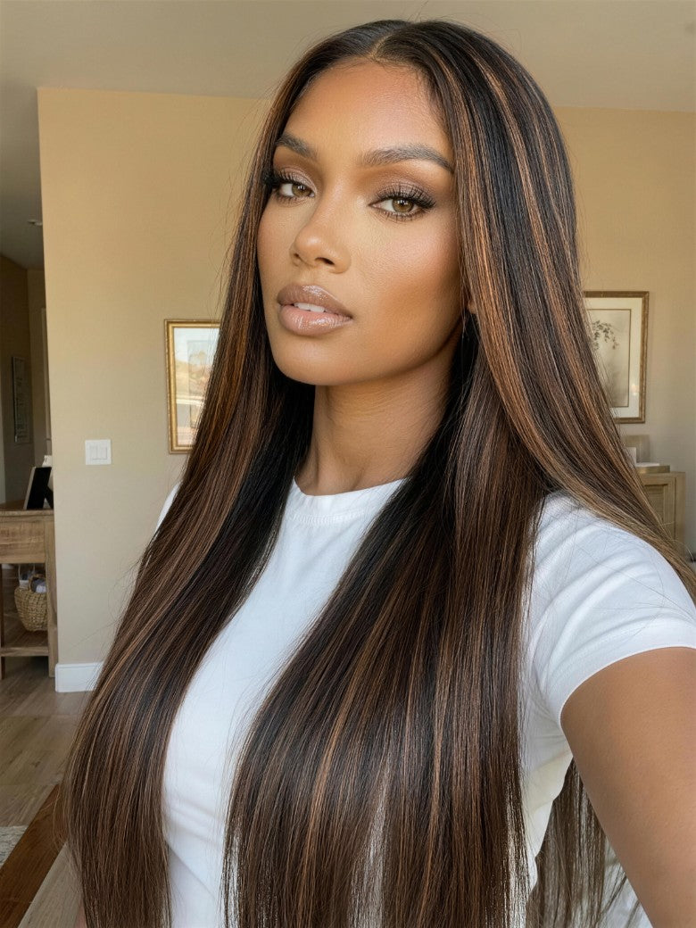Sunber 7x5 Pre Cut Golden Brown Highlights Yaki Straight Lace Closure Wig With Invisi Drawstring