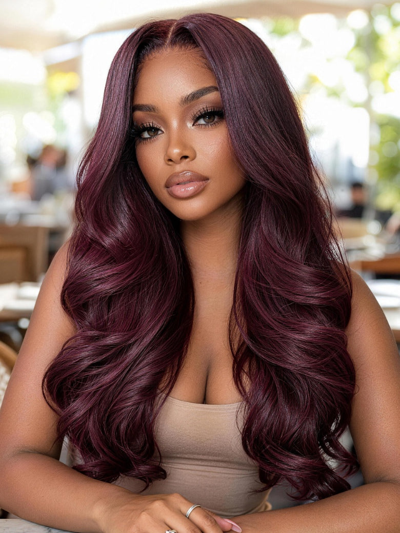 Sunber Burgundy Red Layered Body Wave 7x5 Pre Cut Glueless Wig with Invisi Drawstring