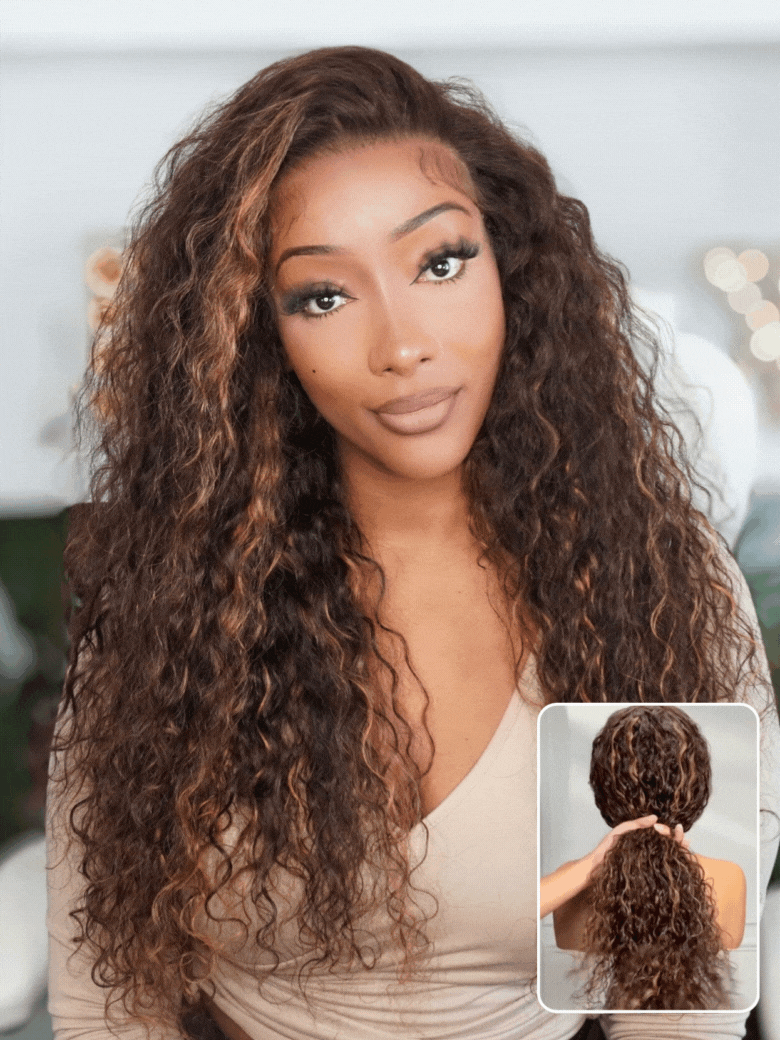 Sunber Piano Brown Highlight Curly 7x5 Bye Bye Knots Pre Cut Lace Water Wave Wig With Invisi Drawstring Flash Sale