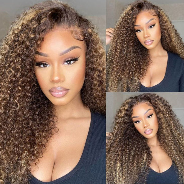Flash Sale Sunber Honey Blonde Highlight Lace Front Curly  Wigs 100% Human Hair Wig