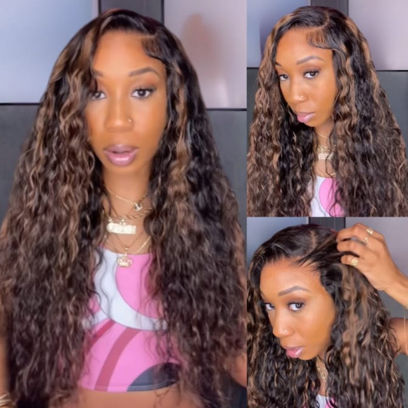 Extra 70% OFF | Sunber Golden Brown Highlights 7x5 Bye Bye Knots Water Wave Lace Closure Wig With Pre Bleached Knots