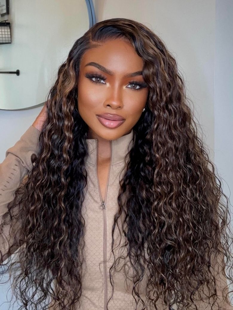 Sunber 13x4 Pre Everything Natural Black with Caramel Blonde Highlights Water Wave Lace Frontal Wig With Invisi Drawstring Vip Member Flash Sale