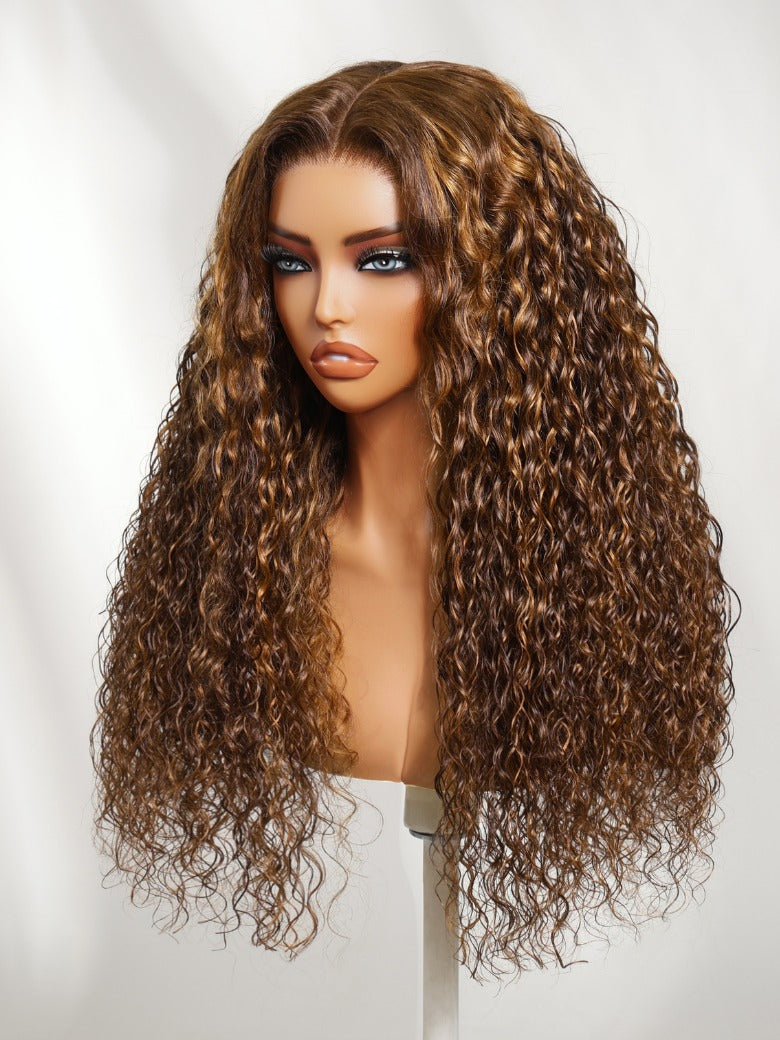 Flash Sale Sunber 13x4 Pre Everything Piano Brown Highlight Big Curly Balayage Water Wave Lace Frontal Human Hair Wig With Invisi Drawstring