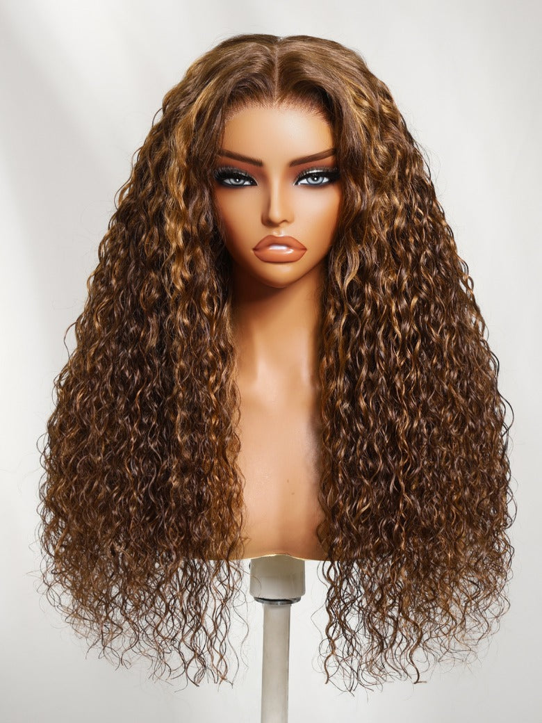 【20"=$89】13x4 Pre Everything Piano Brown Highlight Big Curly Balayage Water Wave Lace Frontal Human Hair Wig Flash Sale