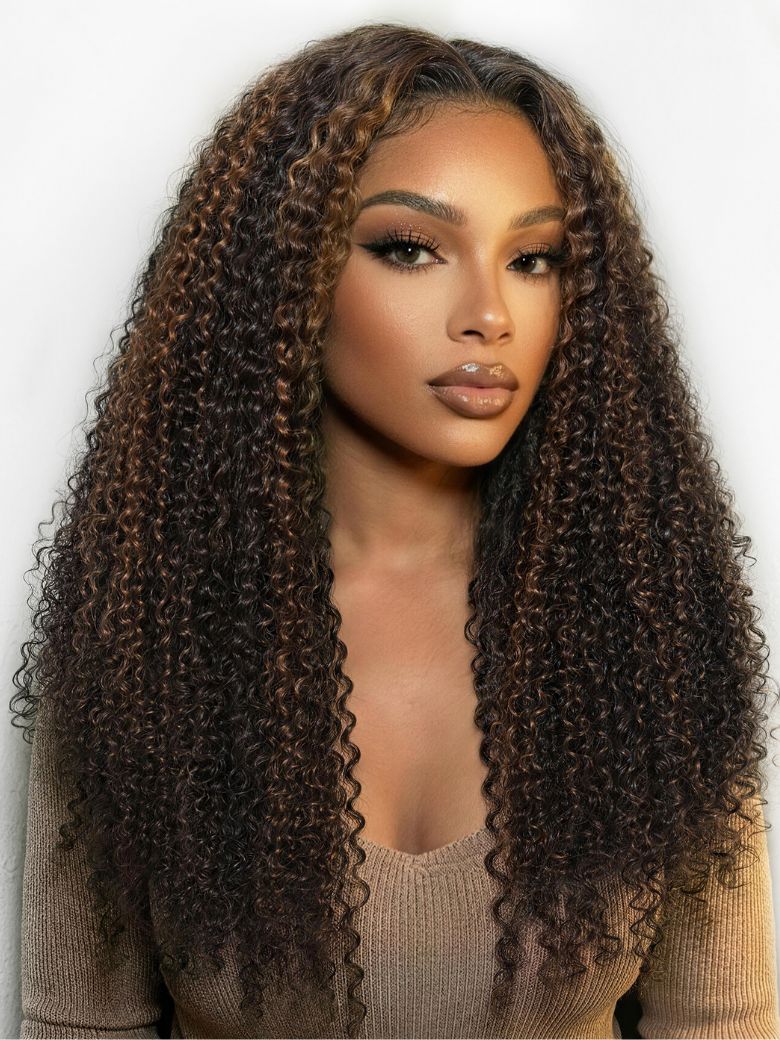Sunber 7x5 Pre Cut Golden Brown Highlights Kinky Curly Lace Closure Wig With Invisi Drawstring