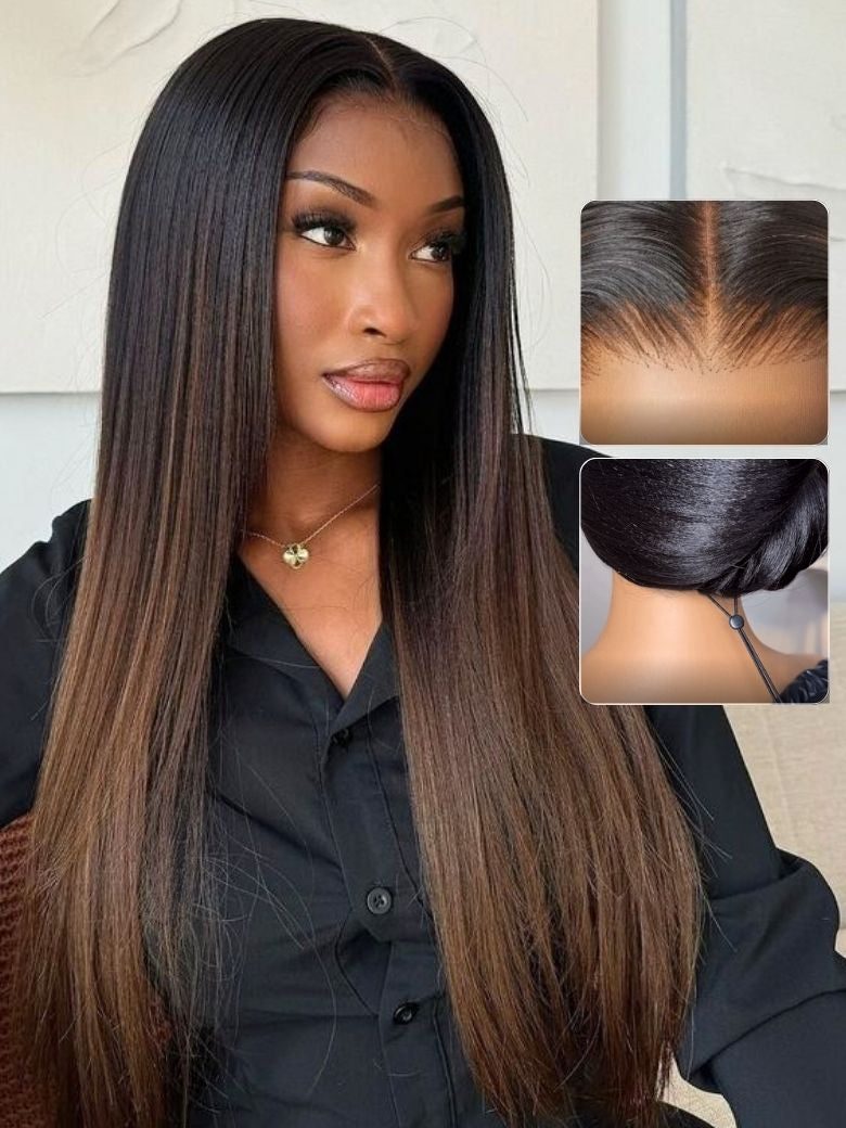 Sunber 7x5 Glueless Lace Black to Chestnut Brown Ombre Yaki Straight Wig With Bleached Knots