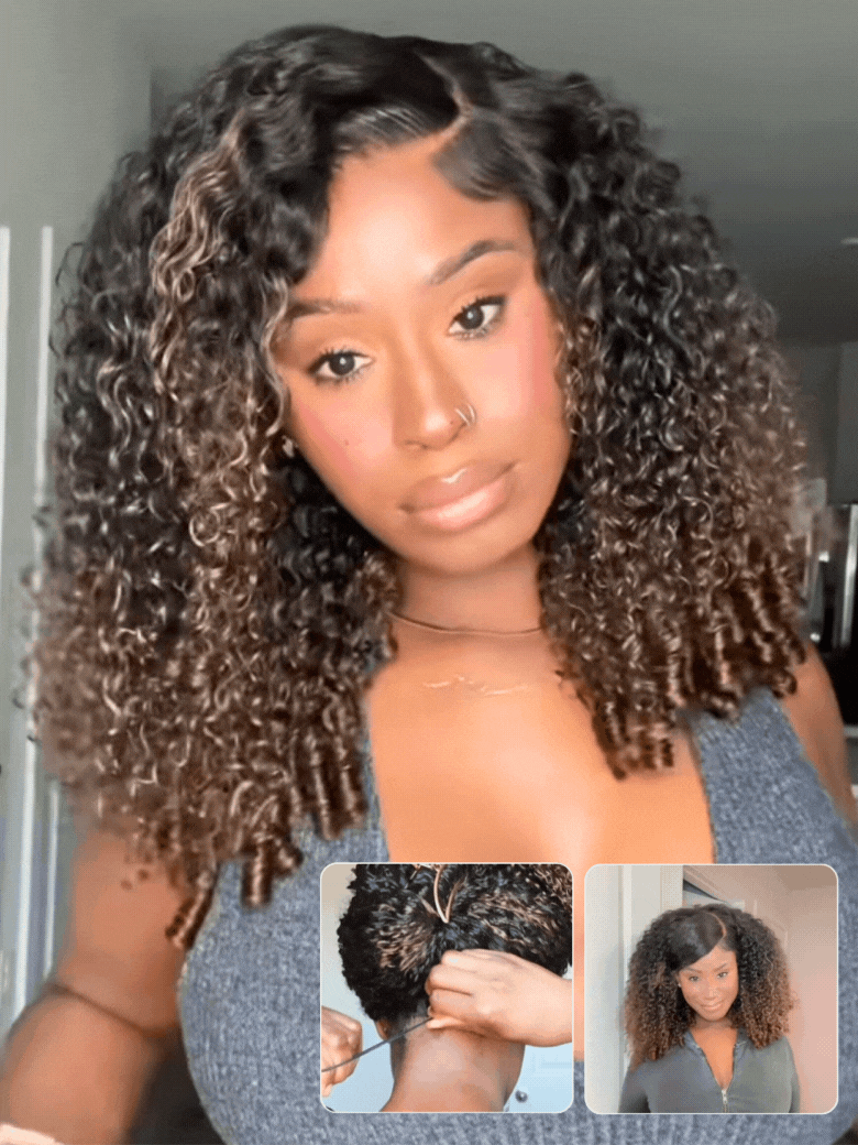 Sunber Full Finger Coils 7x5 Bye Bye Knots/V Part Chestnut Brown Lace Wig With Spiral Curls Water Curly Twist Out At The End