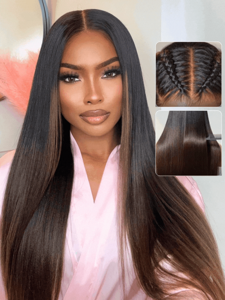 Sunber 7x5 Glueless Lace Black to Chestnut Brown Ombre Yaki Straight Wig With Bleached Knots Flash Sale