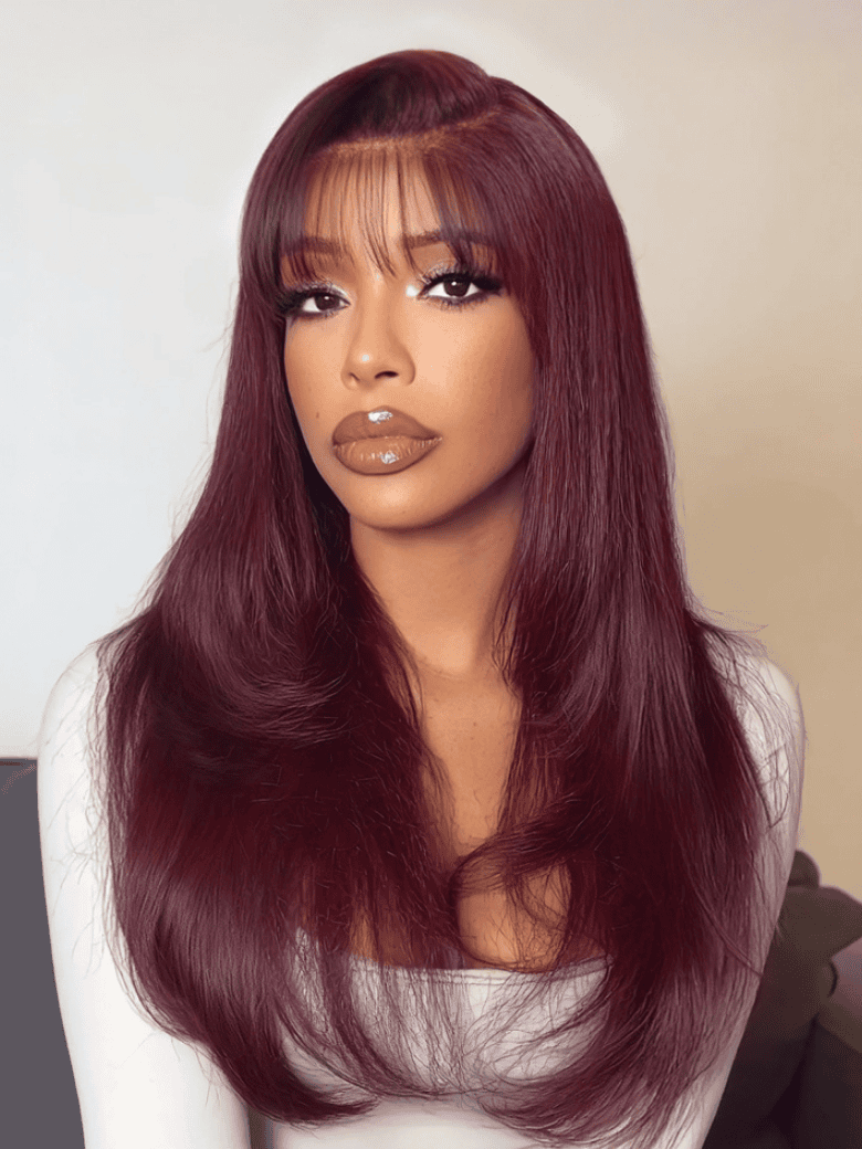 Sunber 180% Density Silky Straight 7x5 Pre Cut Lace Black Cherry Dark Burgundy Wig With C Part Fringe Long Layered Fringe Wispy Bangs
