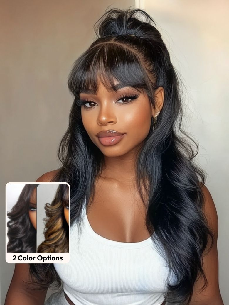 Sunber Pre-Everything 13x4 Lace Frontal Loose Wave Wigs with Bangs-Fluffy Hair 3D Dome Cap & Glueless