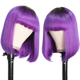 Sunber T1B/Purple Ombre Bob Wig with Dark Roots Short Straight Human hair with Bangs Machine Made Human Hair Wig